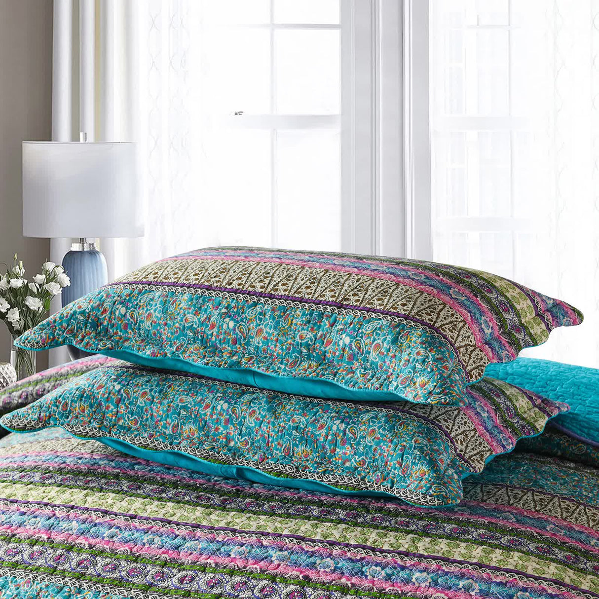 Grenn Teal Boho style Printed Bedspread Quilt Set + Pillowcases