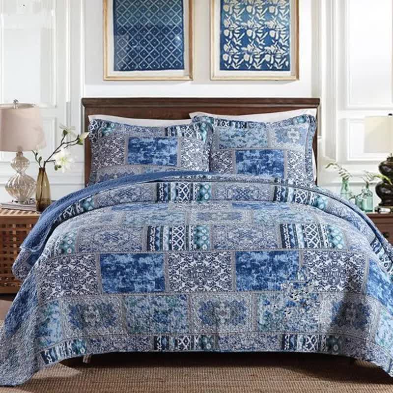 Boho Blue Quilted Coverlet & Pillow Set: Vibrant, Cozy Elegance - king