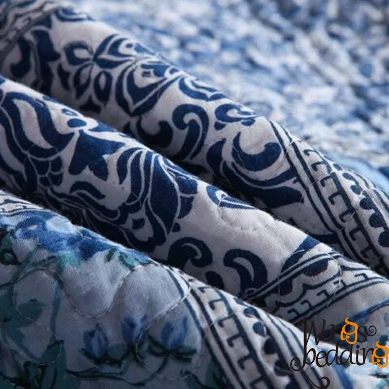 Boho Blue Quilted Coverlet & Pillow Set: Vibrant, Cozy Elegance - king