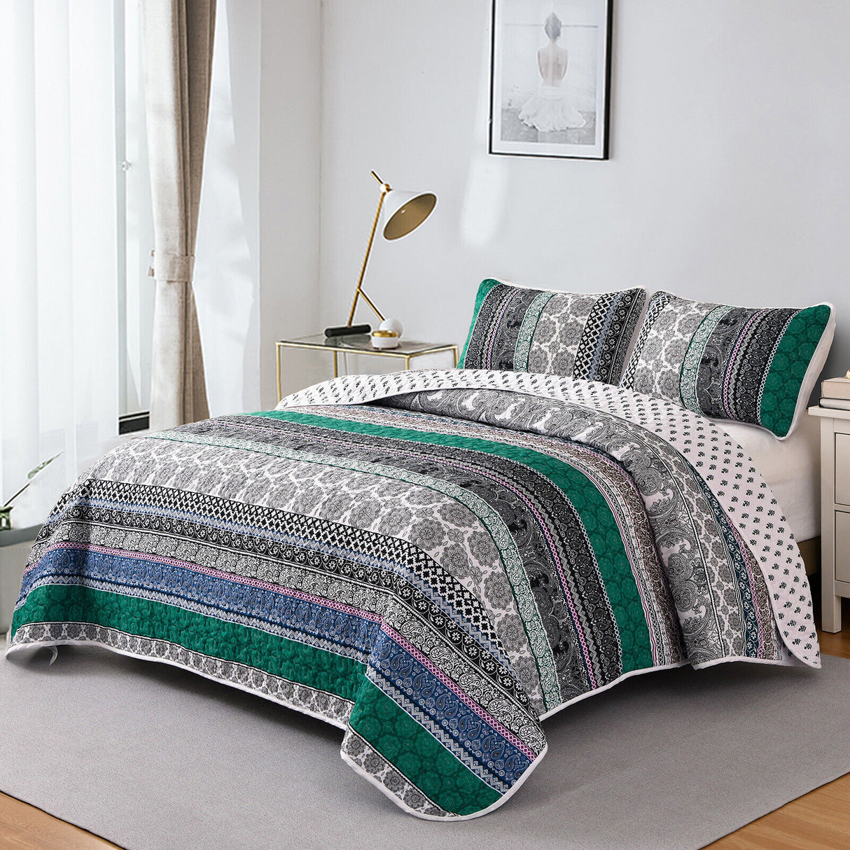 Romantic Blush green grey 3 Pc Bedspread & Pillow Cover Set