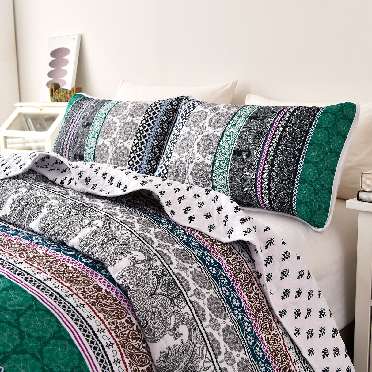 Romantic Blush green grey 3 Pc Bedspread & Pillow Cover Set