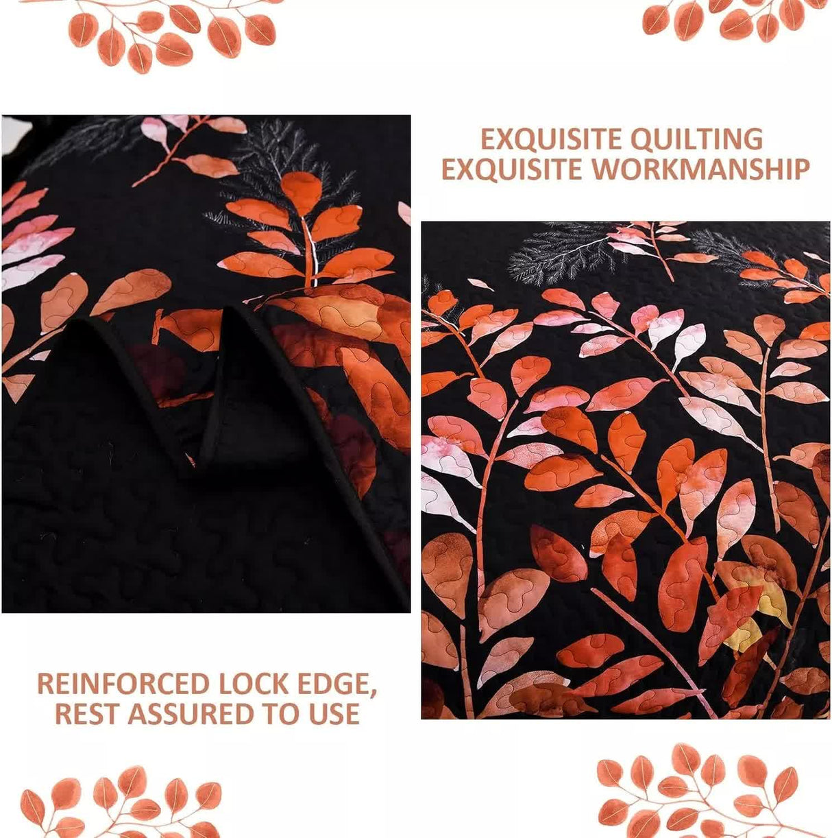 Black and Red Leaves Quilted Bedspread & Pillowcase Set