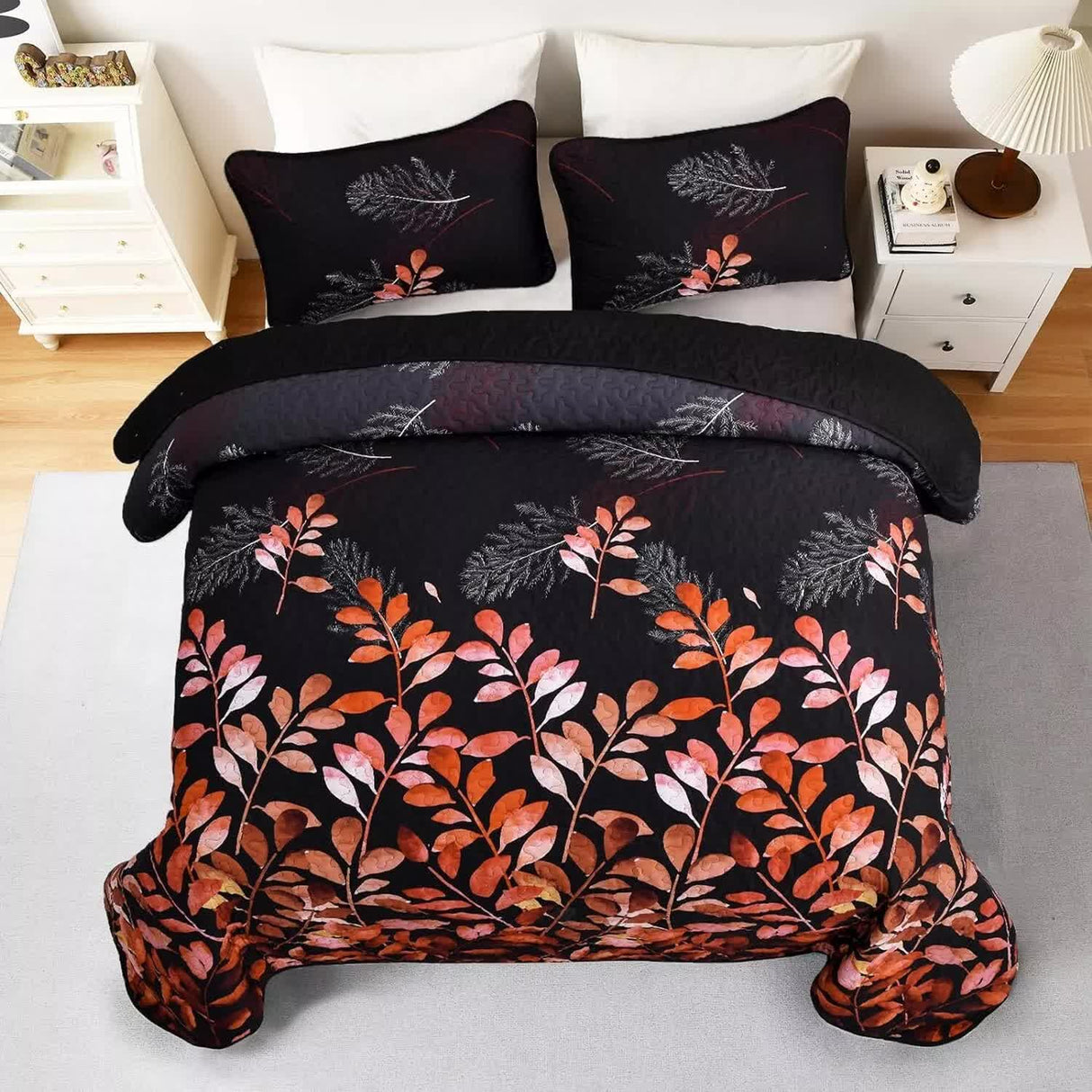 Black and Red Leaves Quilted Bedspread & Pillowcase Set