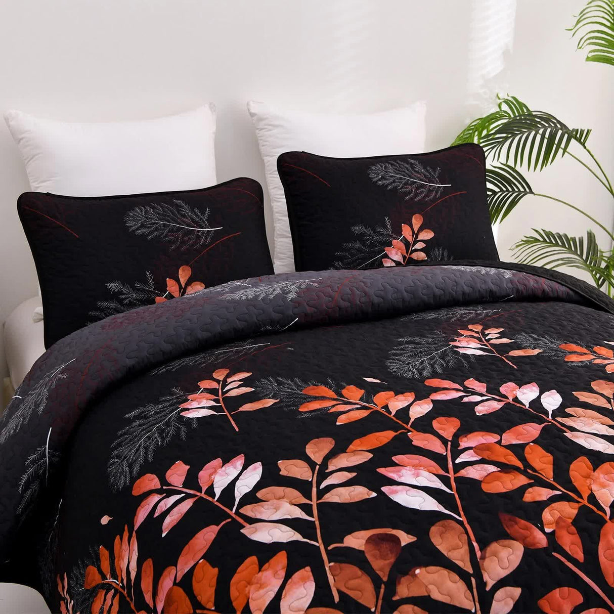 Black and Red Leaves Quilted Bedspread & Pillowcase Set