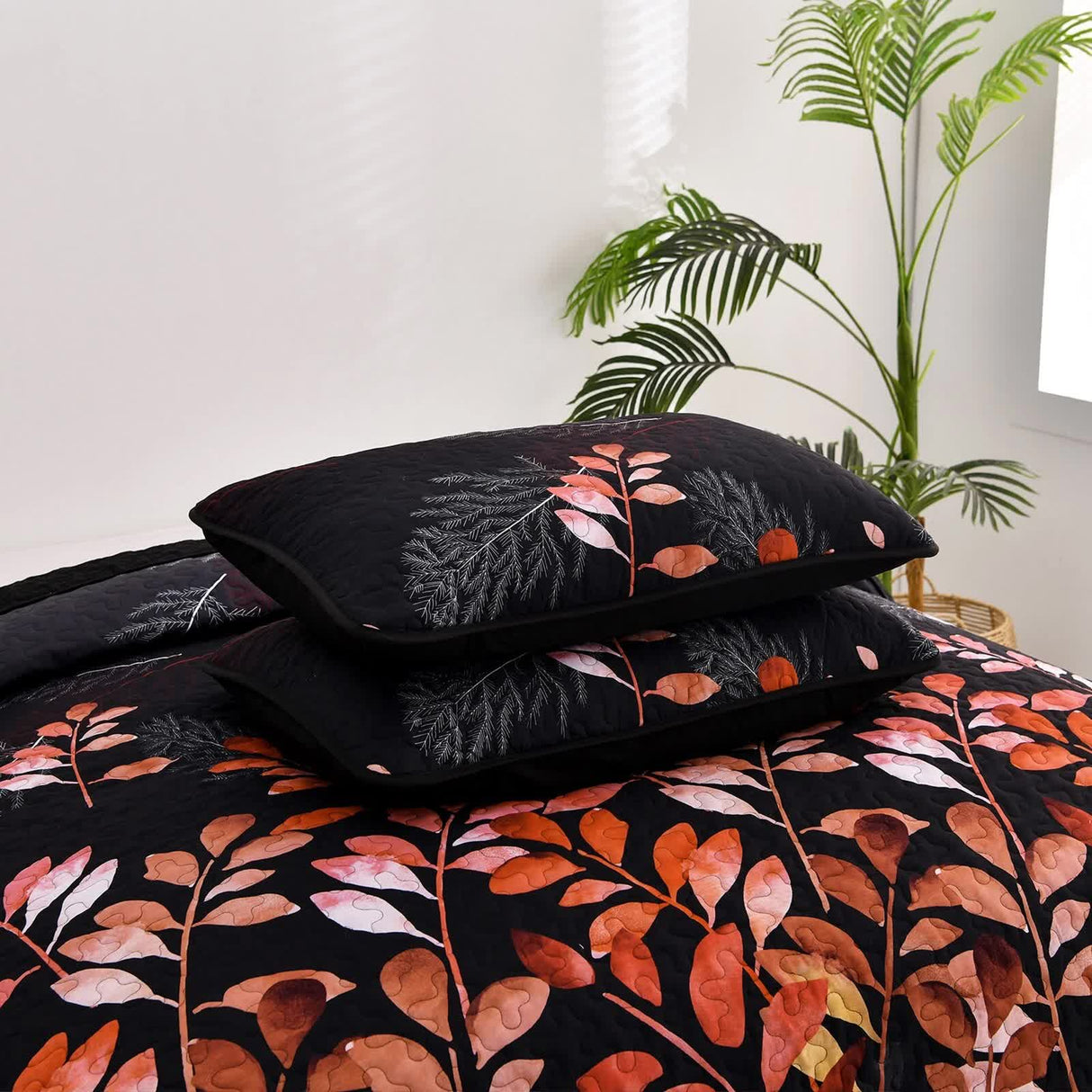 Black and Red Leaves Quilted Bedspread & Pillowcase Set