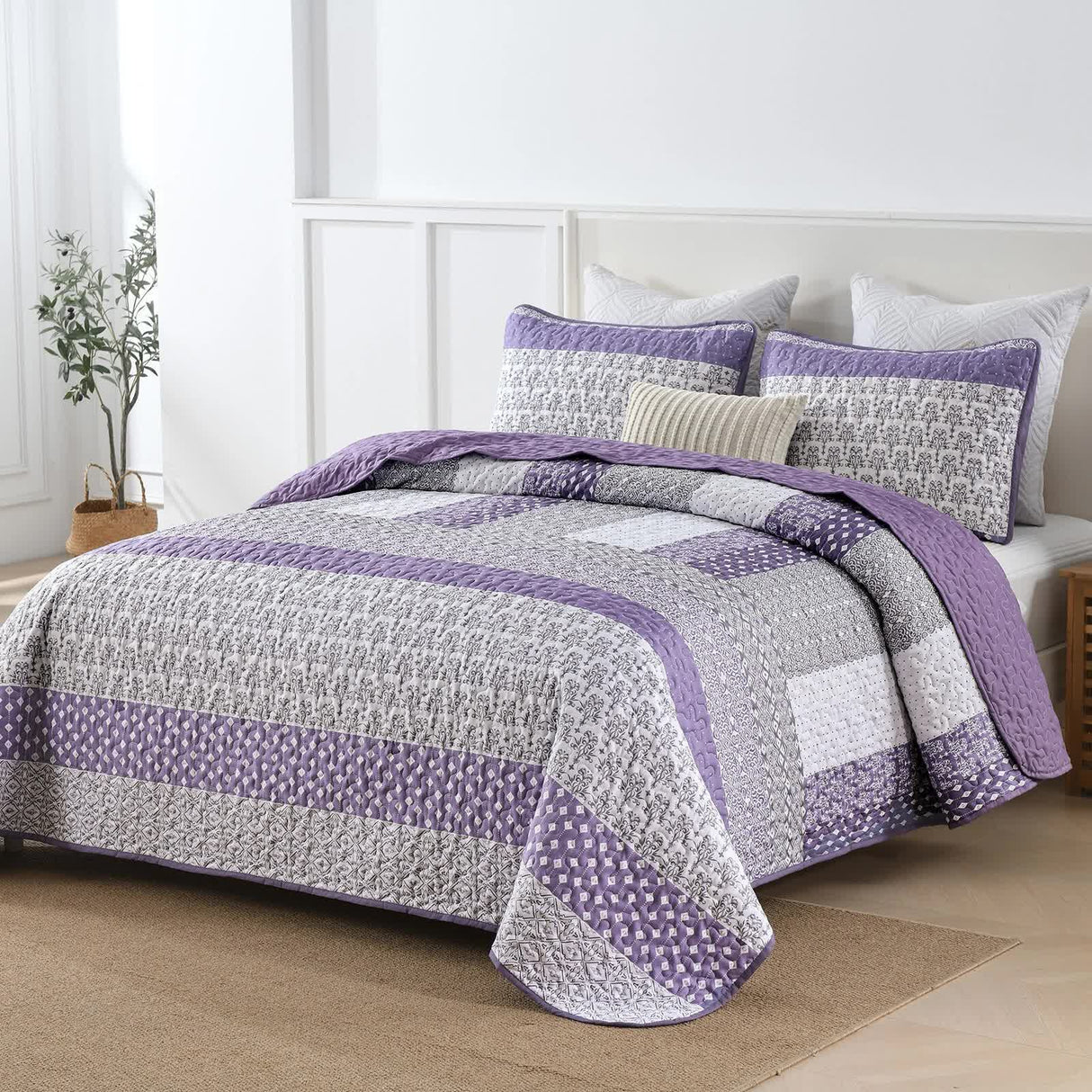 Bohemian Purple and White Quilted Bedspread or Coverlet Set and matching pillowcases