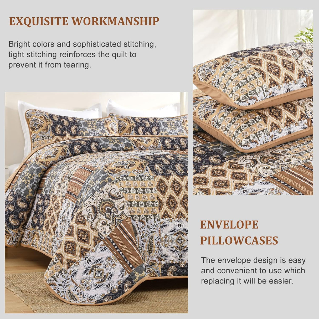 Enchanting Lace boho green Quilted 3 Pc Bedspread & Pillow Cover Set