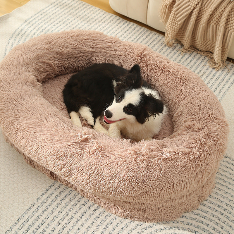 Fluffy Donut-Shaped Pet Bed- Soft, Cozy, and Anti-Anxiety for Dogs and Cats, Machine Washable Beige Brown Size:L 90*65*20cm