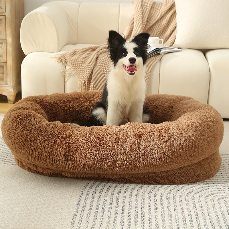 Fluffy Donut-Shaped Pet Bed- Soft, Cozy, and Anti-Anxiety for Dogs and Cats, Machine Washable khaki Size:L 90*65*20cm