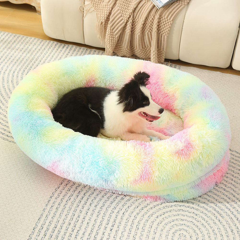 Fluffy Donut-Shaped Pet Bed- Soft, Cozy, and Anti-Anxiety for Dogs and Cats, Machine Washable Rainbow-colored Size:S 60*50*18cm
