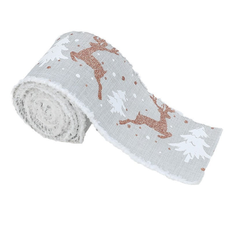 Christmas-Themed Decorative Wired Ribbon Burlap? Reindeer and Tree Print Rolled Fabric Set ,Diameter 6.8 cm, length 2 cm (two set, 6 pieces in total)