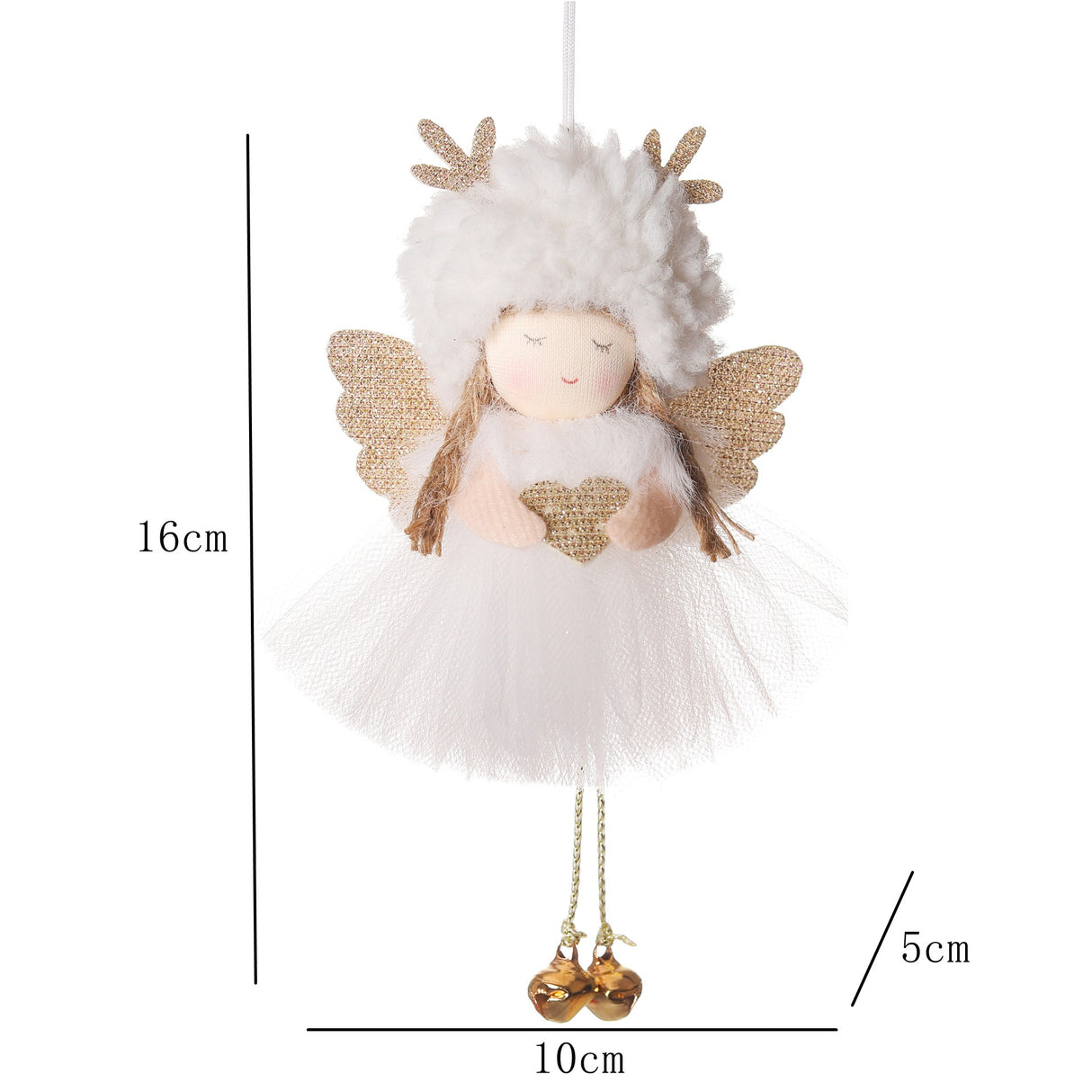 Gold and White Angel Ornament with Bells and Glitter Wings - Christmas Hanging Decoration 16*10*5cm White colour (5 pieces)