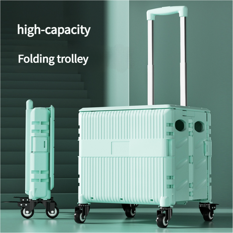 Foldable Rolling Storage Cart with Telescopic Handle - Large Capacity, Portable Utility Box 45L Green