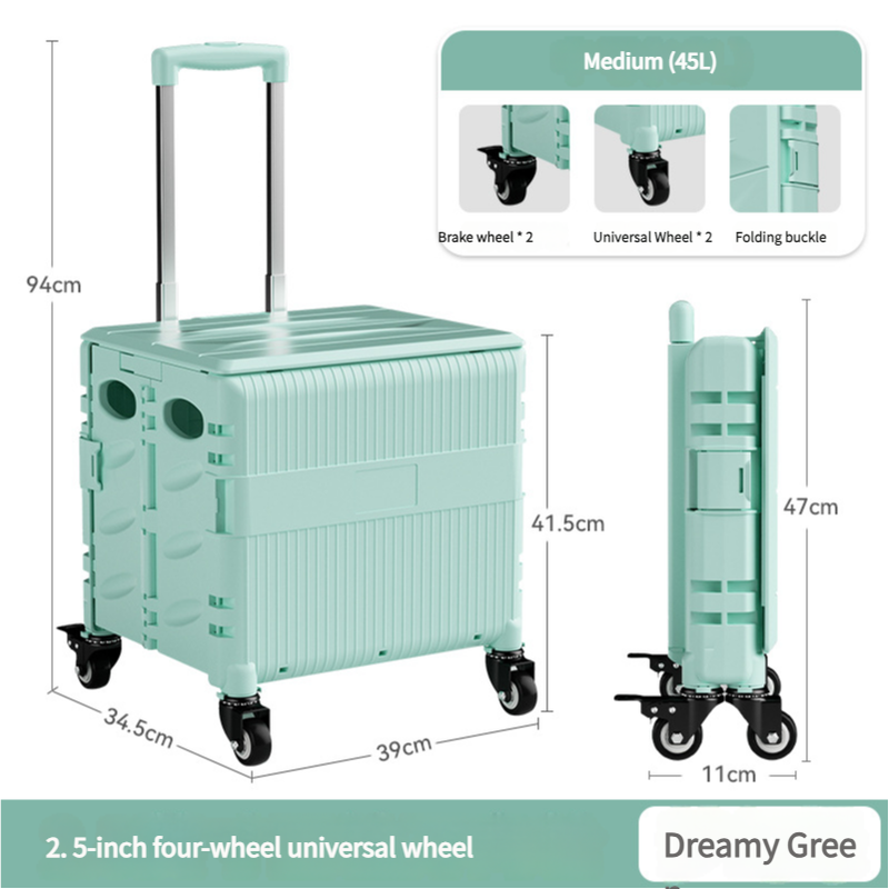 Foldable Rolling Storage Cart with Telescopic Handle - Large Capacity, Portable Utility Box 45L Green