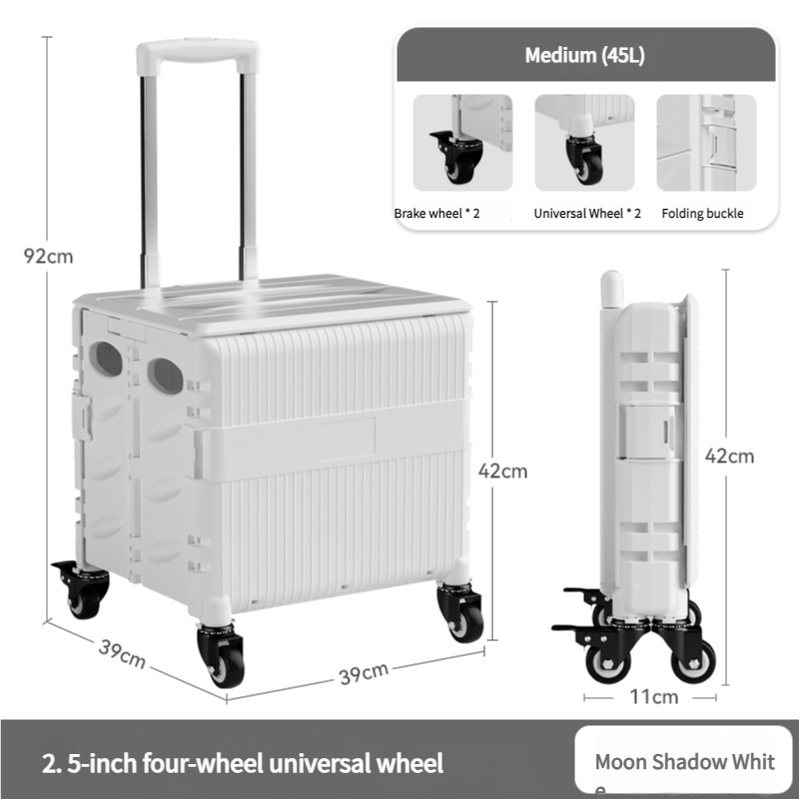 Foldable Rolling Storage Cart with Telescopic Handle - Large Capacity, Portable Utility Box 45L white