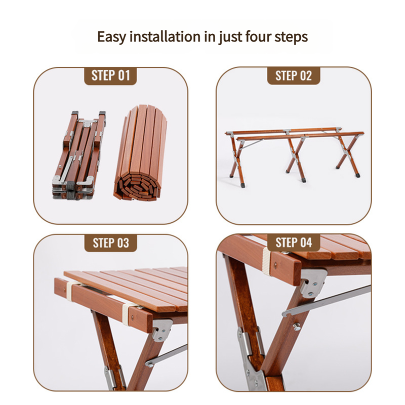 Portable Solid Wood Folding Camping Table - Sapele Roll-Up Picnic and BBQ Dining Table 120*60*43.5cm