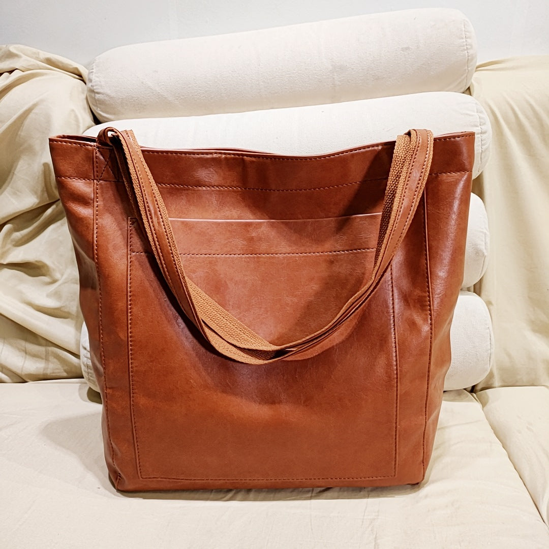 Vintage PU Leather Tote Bag - Stylish and Spacious Everyday Shoulder Bag (darker brown)