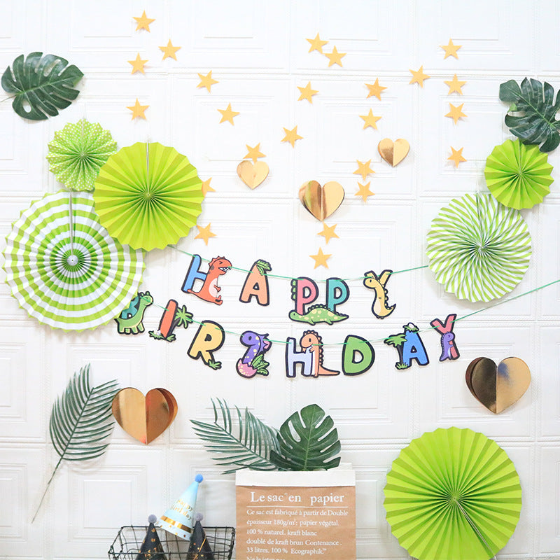 Happy Birthday Party Decoration Set - Fan Decorations, Hearts, Stars & Banner