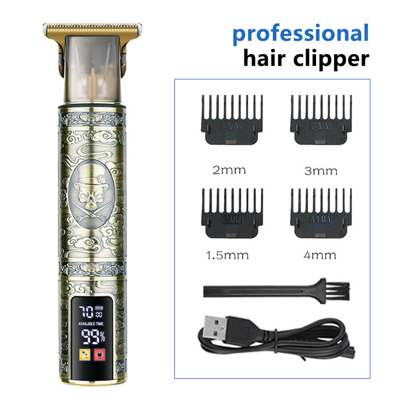 Professional Skull Design Hair Clipper - Cordless Hair Trimmer with Digital Display, Adjustable Guards, and USB Charging