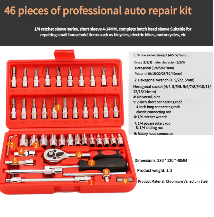 46-Piece Professional Socket Wrench Set - 1/4 Drive, Chrome Vanadium Steel, Ratchet & Bit Kit for Au