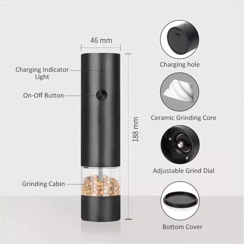 Rechargeable Electric Salt and Pepper Grinder Set (Includes Two Grinders) - Adjustable Ceramic Grind
