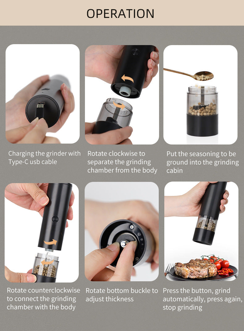 Rechargeable Electric Salt and Pepper Grinder Set (Includes Two Grinders) - Adjustable Ceramic Grind