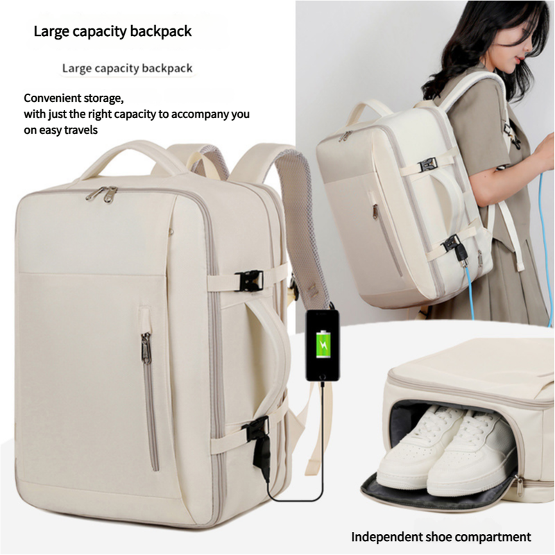 Beige Expandable Backpack with USB Port - Multi-Functional Outdoor, Commuter & Laptop Bag