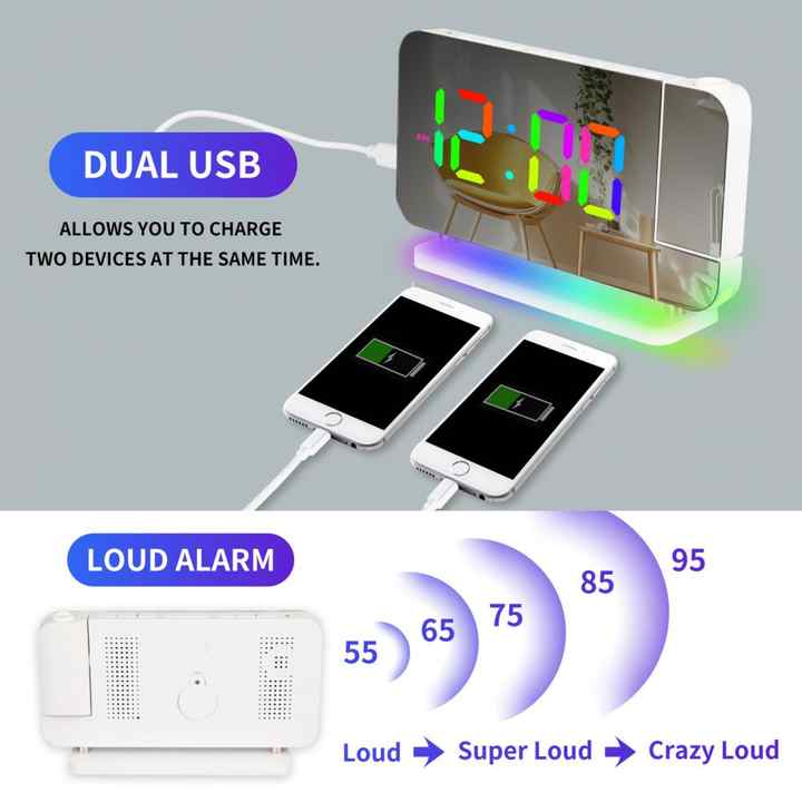 Rose Gold RGB LED Projection Alarm Clock, Multi-Color Night Light with Snooze Function, Home Decor Digital Clock