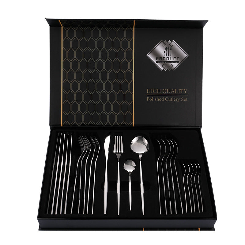 Silver Color Premium 24-Piece Stainless Steel Cutlery Set ??Elegant Golden Steak Knife, Fork, and Spoon Set in Luxury Gift Box