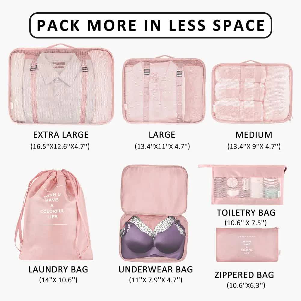 Blue Travel Packing Cube Set - 7-Piece Luggage Organizer for Clothes, Toiletries, and Accessories
