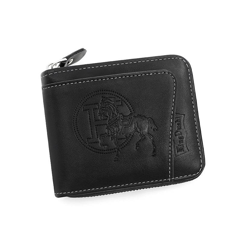 Black Men's Leather Wallet with Zipper and Horse Embossed Design - Compact and Stylish
