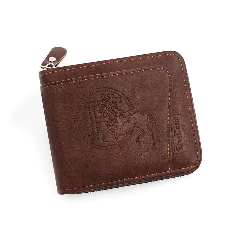 Dark Brown Men's Leather Wallet with Zipper and Horse Embossed Design - Compact and Stylish