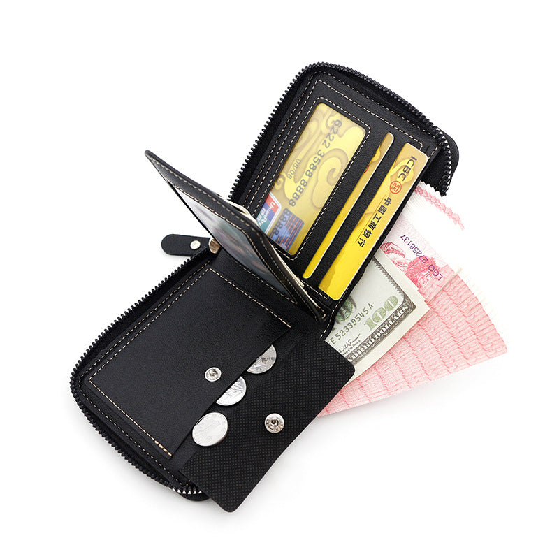 Dark Brown Men's Leather Wallet with Zipper and Horse Embossed Design - Compact and Stylish