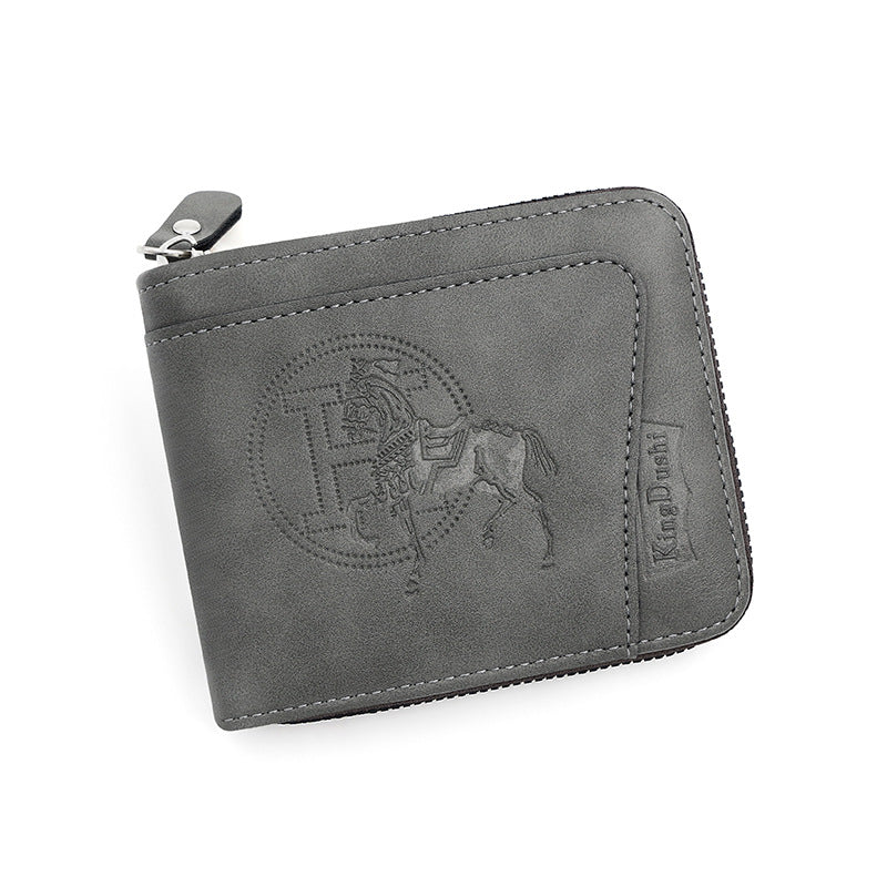 Grey Men's PU Leather Wallet with Zipper and Horse Embossed Design - Compact and Stylish