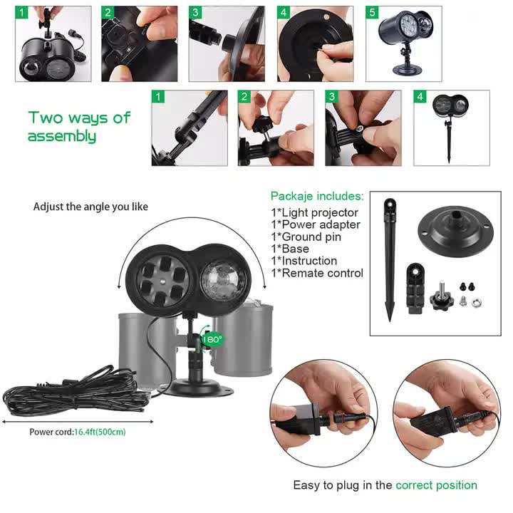 Ground Insert Outdoor Waterproof Lawn Dual-Tube Projection Light - LED Halloween & Christmas Dynamic Water Ripple Animation, Replaceable 12 Slides, Stake or Stand Mountable