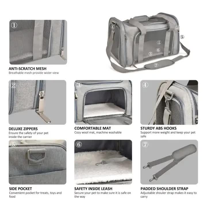 S Grey Portable Foldable Pet Carrier Bag - Large Capacity Travel Carrier for 2 Small Pets, Comfortable and Stylish Cat Backpack, Foldable & Easy to