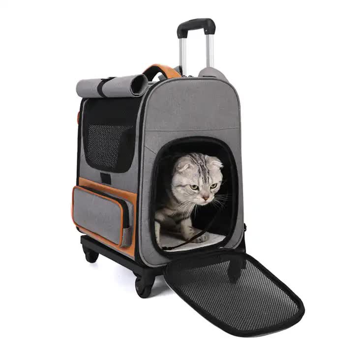 Beige Large Capacity Breathable Foldable Pet Trolley - Travel Cat Carrier with Wheels, Portable, Spacious, and Convenient for Two Cats