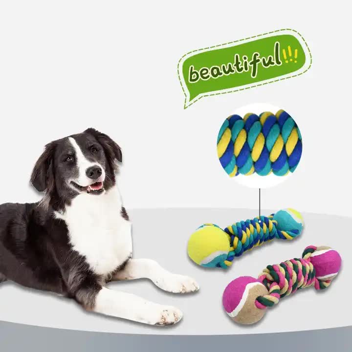2 PCS Pink Durable Cotton Rope and Tennis Ball Dog Toy Set ??Chew Resistant Tug Toys with Rope Dumbbell ??Perfect for Dogs of All Sizes