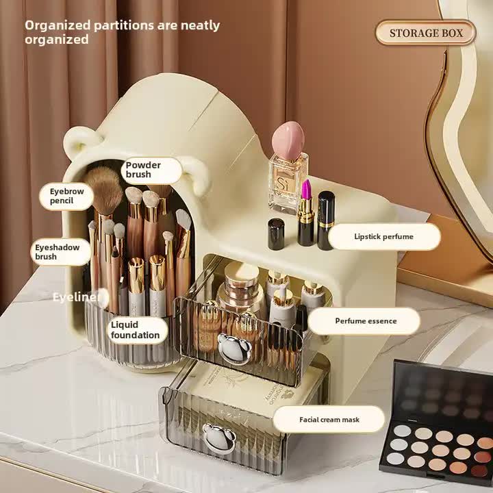 Milky white Rotating Desktop Cosmetic Organizer ??High-End Dustproof Wall-Mounted Storage Box with Drawer for Vanity, Makeup and Toiletries