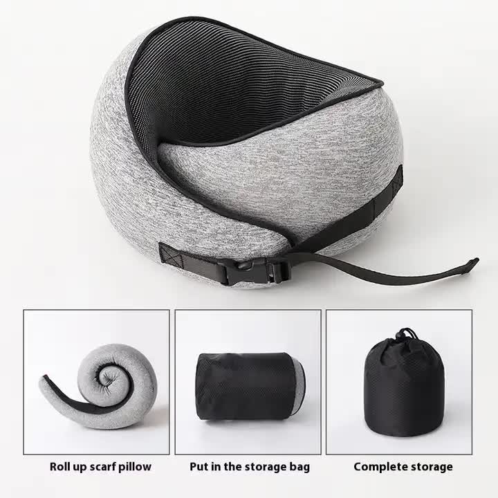 Light Gray Buckle Tape Memory Foam U-Shaped Neck Pillow - Snail Travel Cushion for Airplane, Office Nap, and Travel - Adjustable with Magnetic Therapy