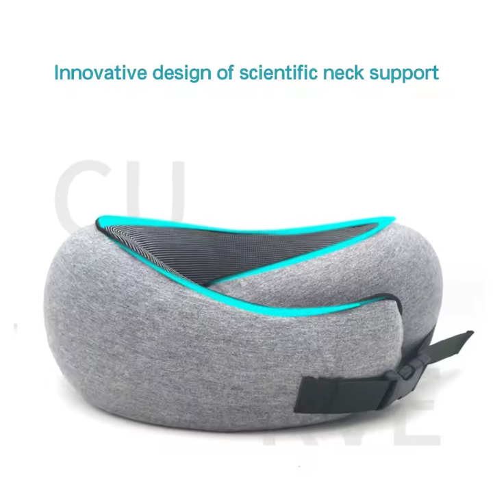 Light Gray Buckle Tape Memory Foam U-Shaped Neck Pillow - Snail Travel Cushion for Airplane, Office Nap, and Travel - Adjustable with Magnetic Therapy