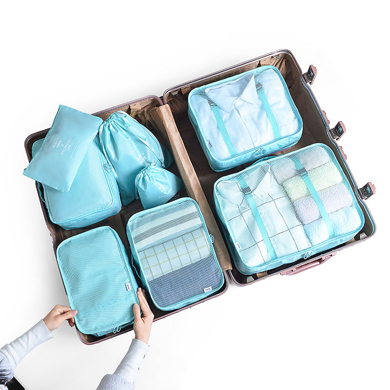 Light Blue 8-Piece Travel Organizer Set ??Packing Bags for Clothes, Shoes, Underwear, and Toiletries with Drawstring and Zip Pouches