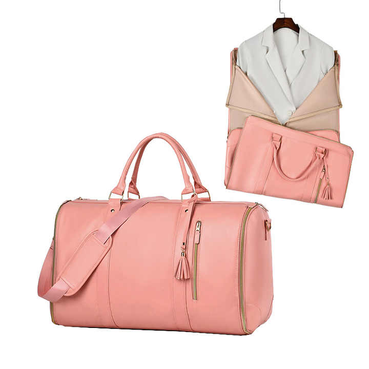 Pink PU Leather Foldable Garment Bag, Women's Travel Duffel with Suit Carrier, Multi-Function Storage