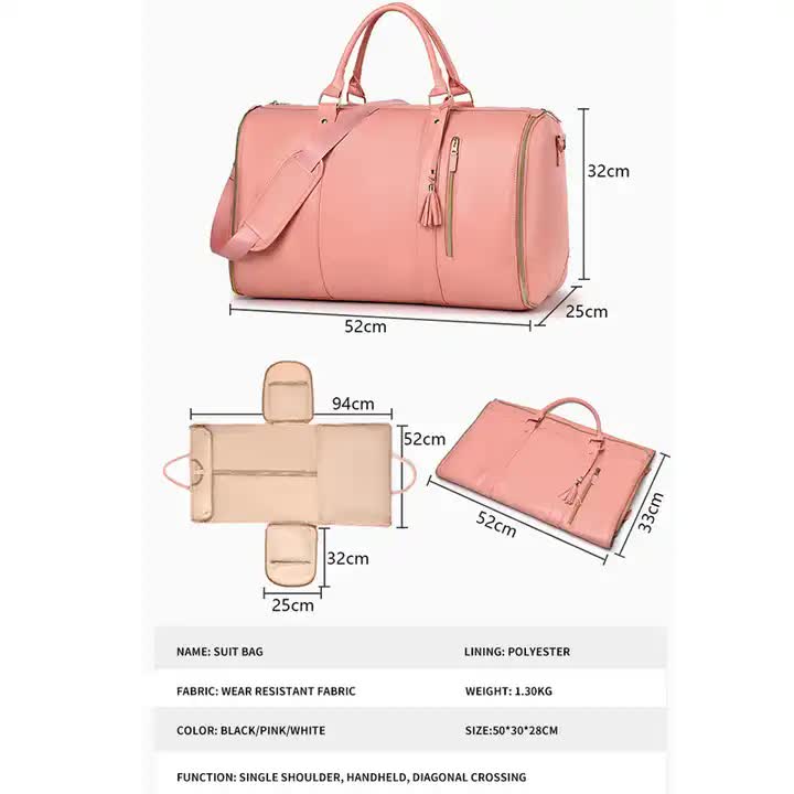 Pink PU Leather Foldable Garment Bag, Women's Travel Duffel with Suit Carrier, Multi-Function Storage