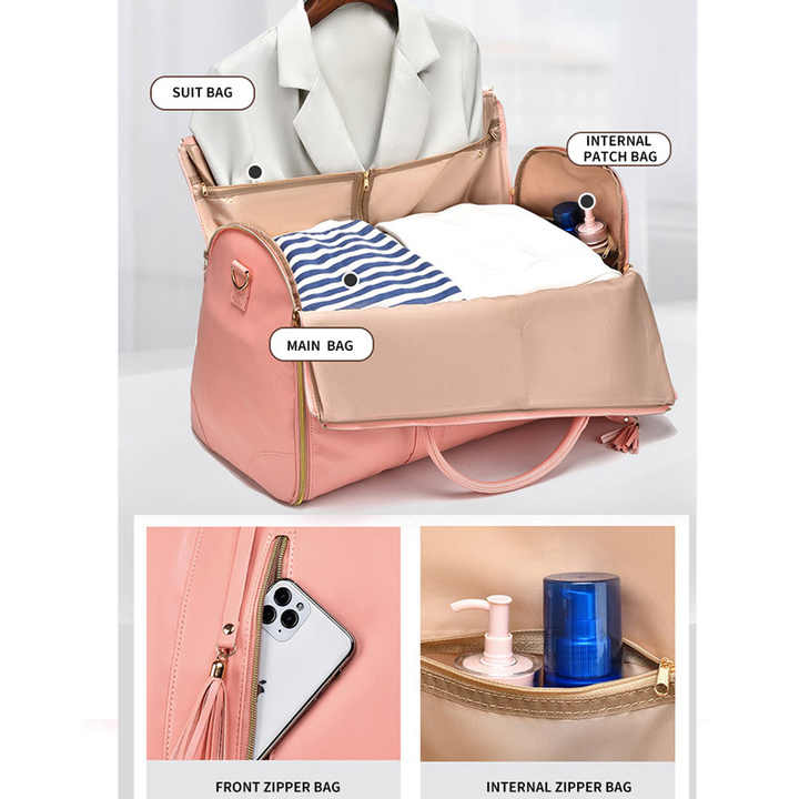 Pink PU Leather Foldable Garment Bag, Women's Travel Duffel with Suit Carrier, Multi-Function Storage