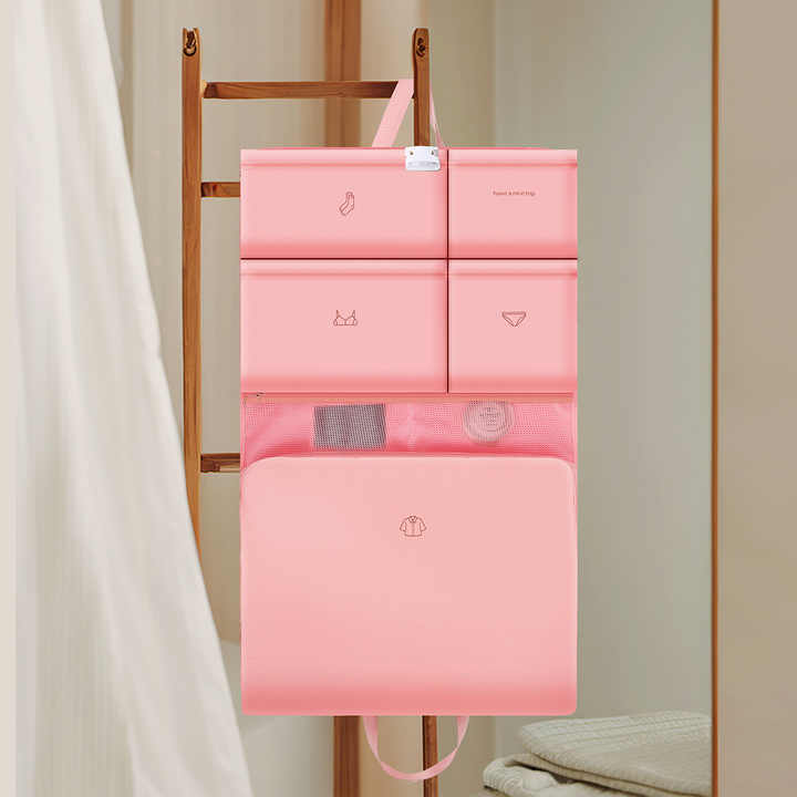 Dark Pink Travel Storage Organizer Bag - Multi-Compartment Lightweight Foldable Luggage Organizer for Clothes, Underwear, and Accessories - Portable