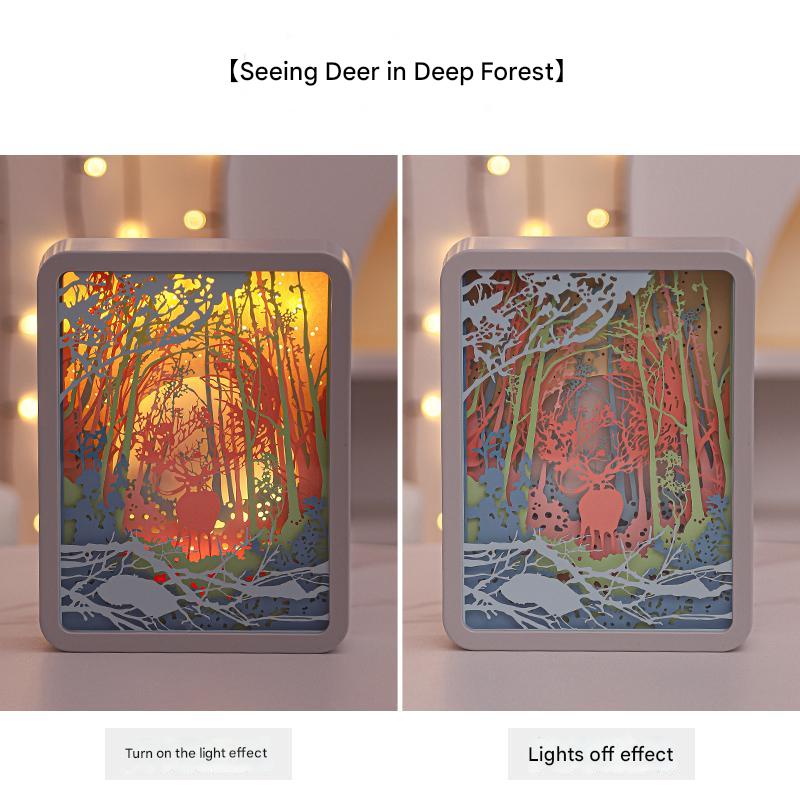 Deer in the Deep Forest 3D Paper Carving Night Light - USB Or Battery Powered Decorative Bedside Lamp | Atmosphere Lamp for Bedroom | Creative Starry