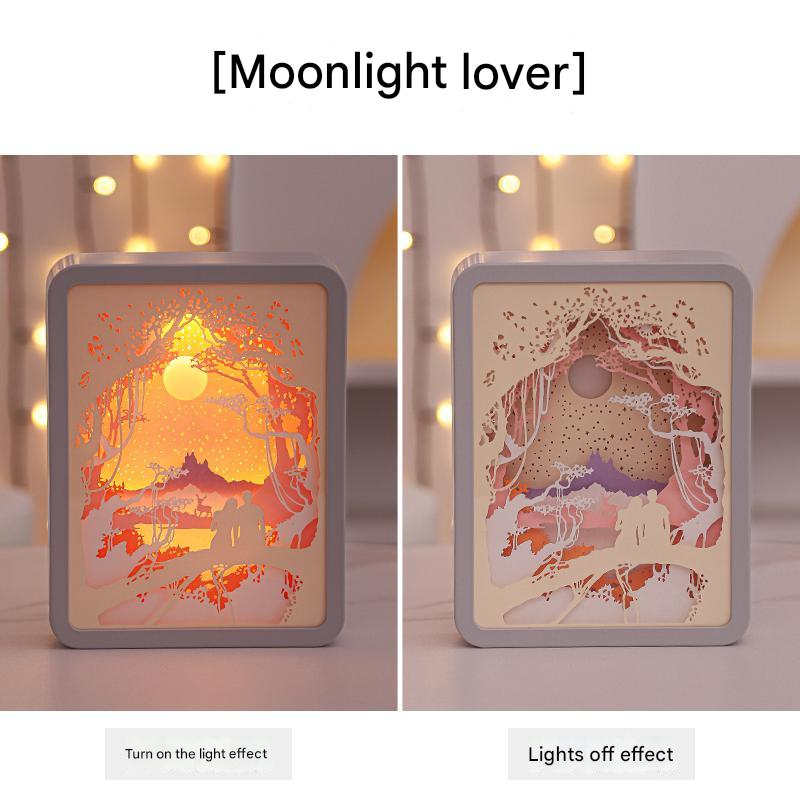 Moonlight Lovers 3D Paper Carving Night Light - USB Or Battery Powered Decorative Bedside Lamp | Atmosphere Lamp for Bedroom | Creative Starry Night
