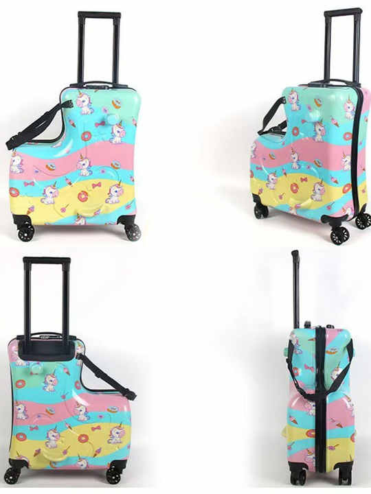 Colorful Kids Ride-On Luggage ??20-Inch Cartoon Travel Suitcase with Footrest, Durable Rolling Carry-On for Children
