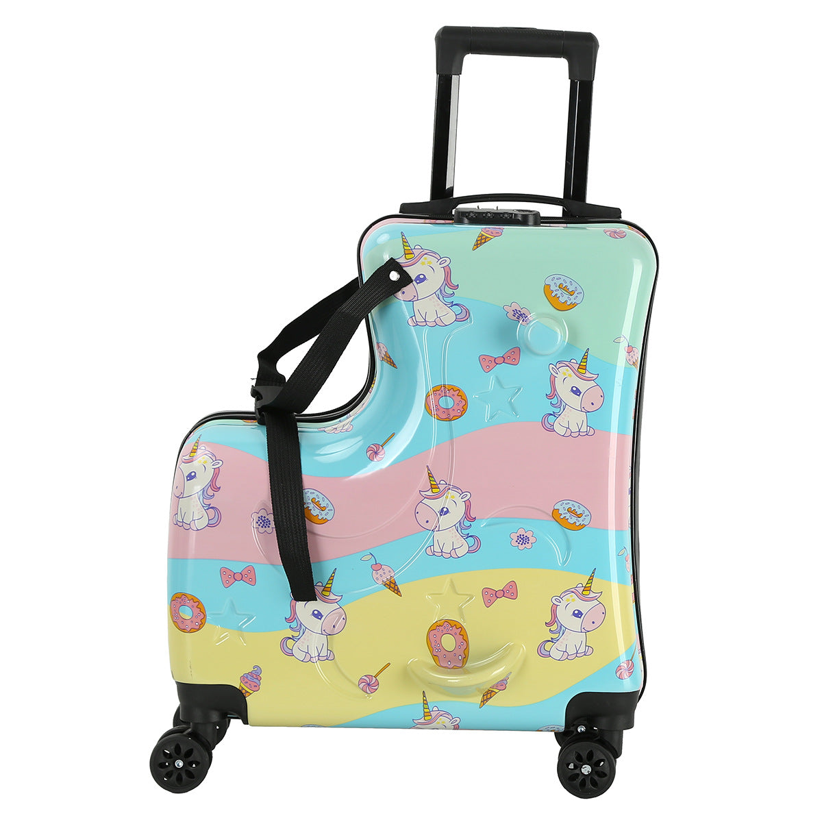 Colorful Kids Ride-On Luggage ??20-Inch Cartoon Travel Suitcase with Footrest, Durable Rolling Carry-On for Children